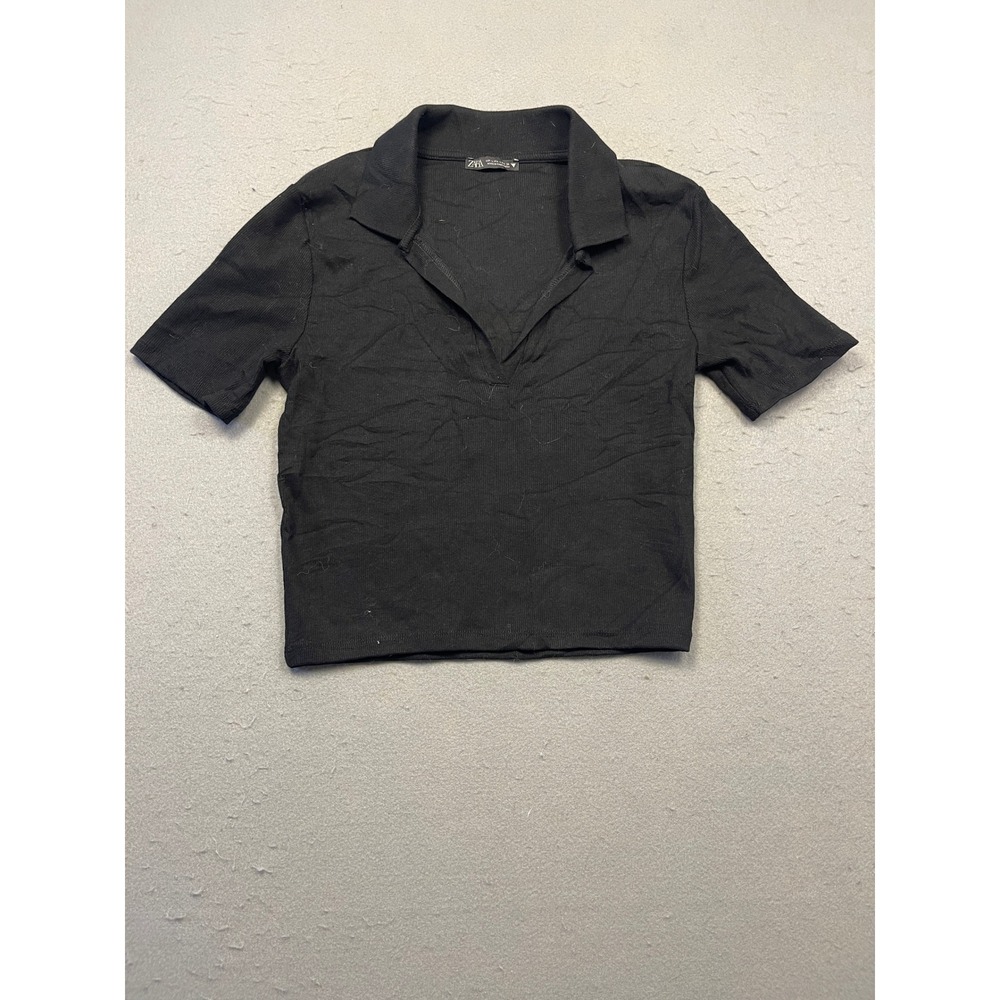 Zara Polo Shirt Ribbed Knit Black Large Large Women